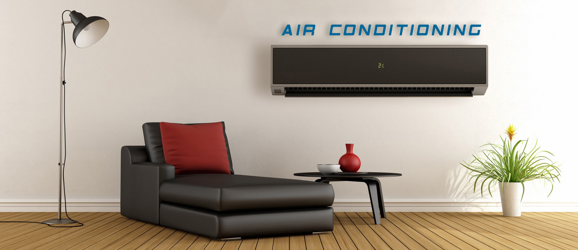 Minimalist living room with couch and air conditioner  on wall - 3D Rendering